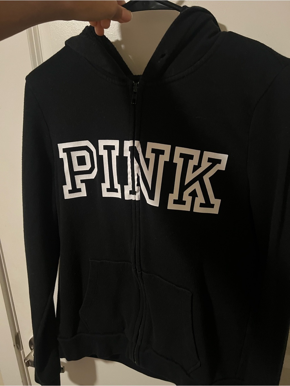 PINK Victoria's Secret Black Zip-Up Hoodie with White Logo